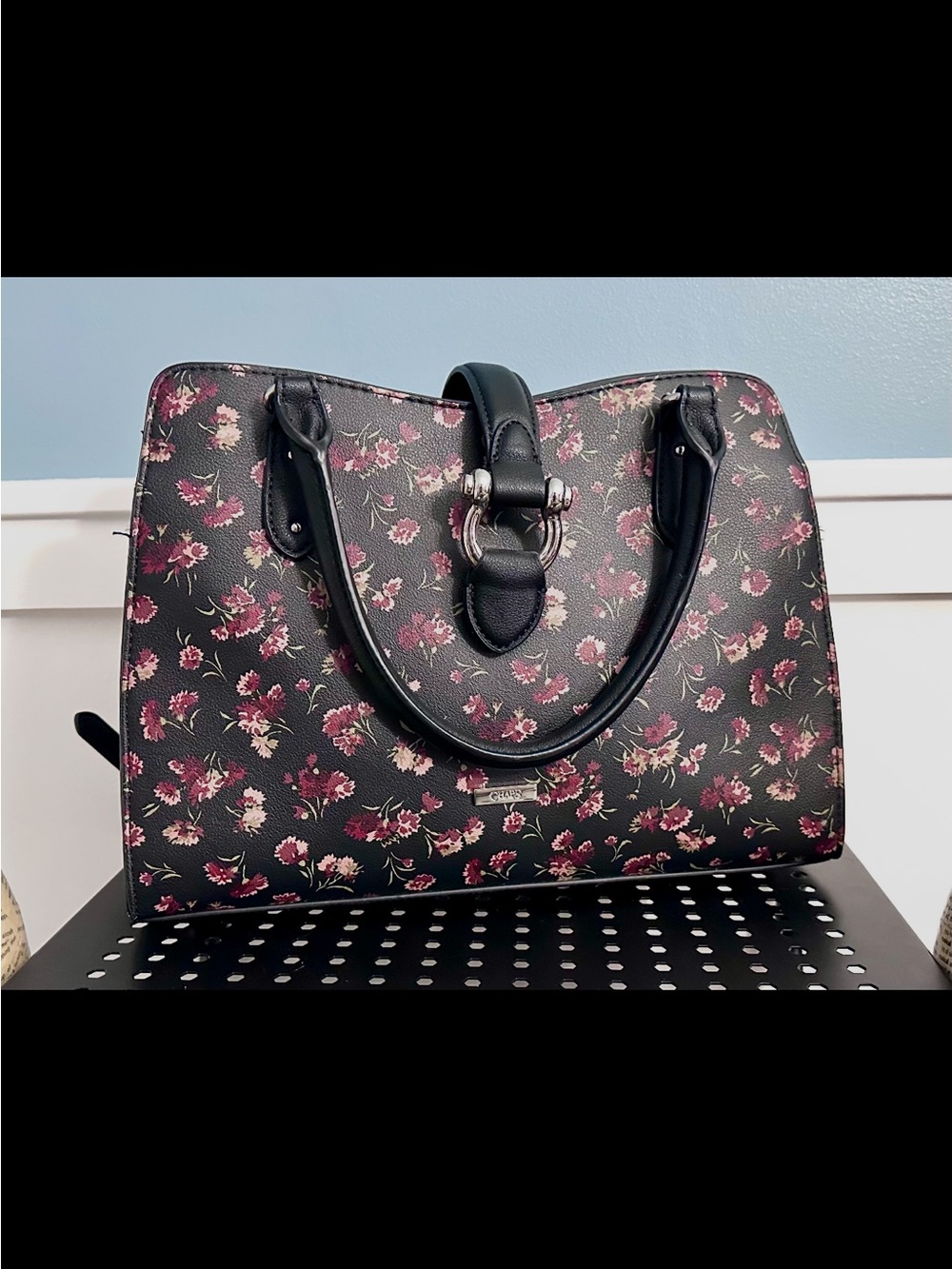 Chaps Black Floral Dome Satchel with Pink Flower Print